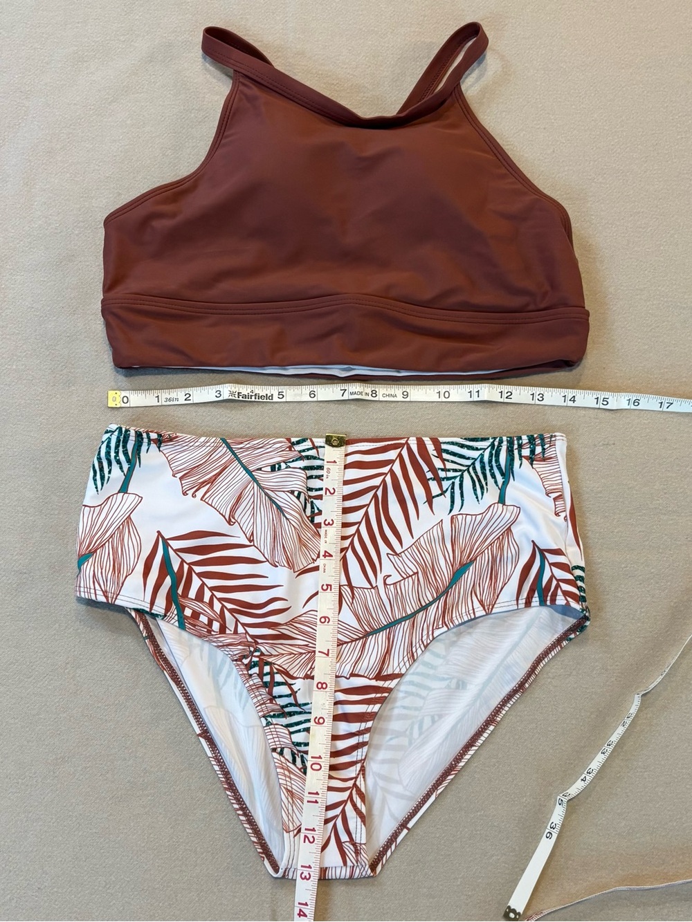 Shein Swim High-Neck Rust Brown Bikini Set with Printed High-Waist Bottoms